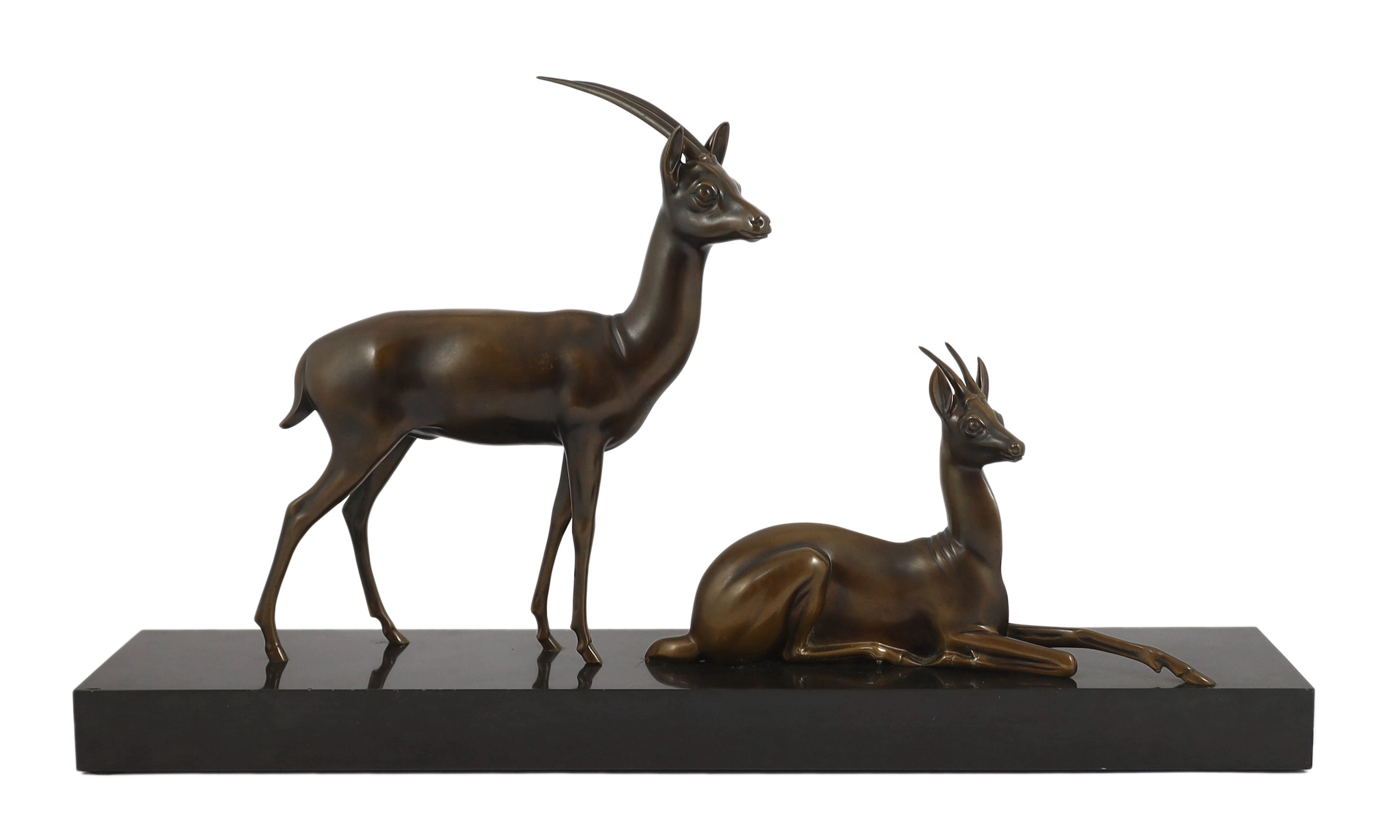 Georgij Dmitrievic Lavroff (Russian, 1895-1991). An Art Deco bronze group of two antelope, 73cm wide, 14cm deep, 42cm high